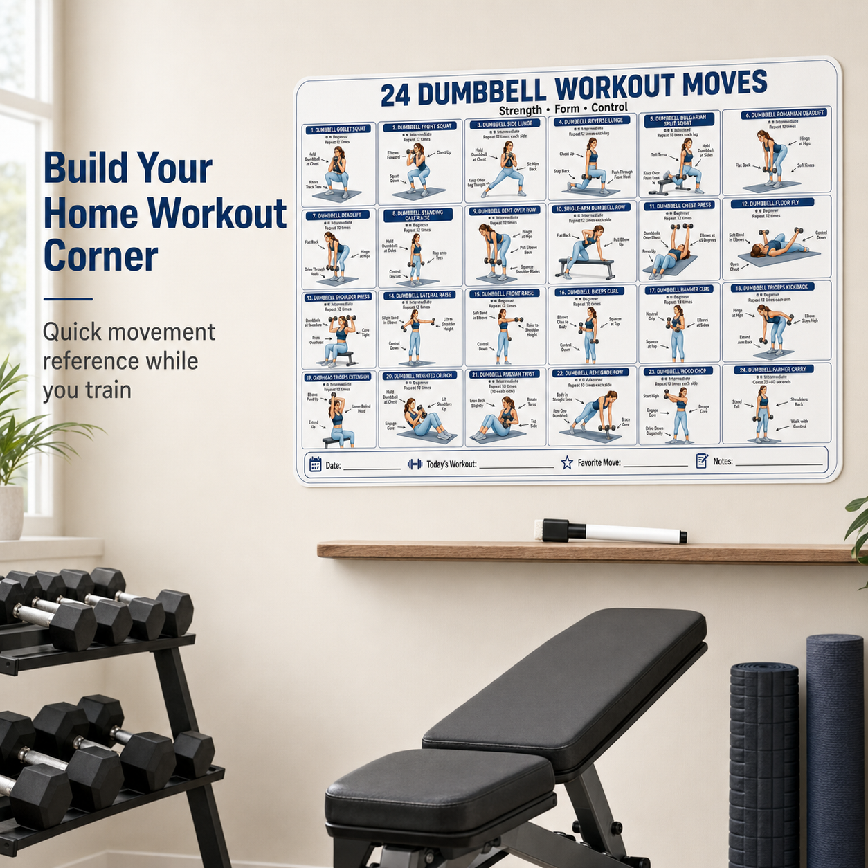 Home Gym Guide - 1 adesivo con esercizi con manubri
