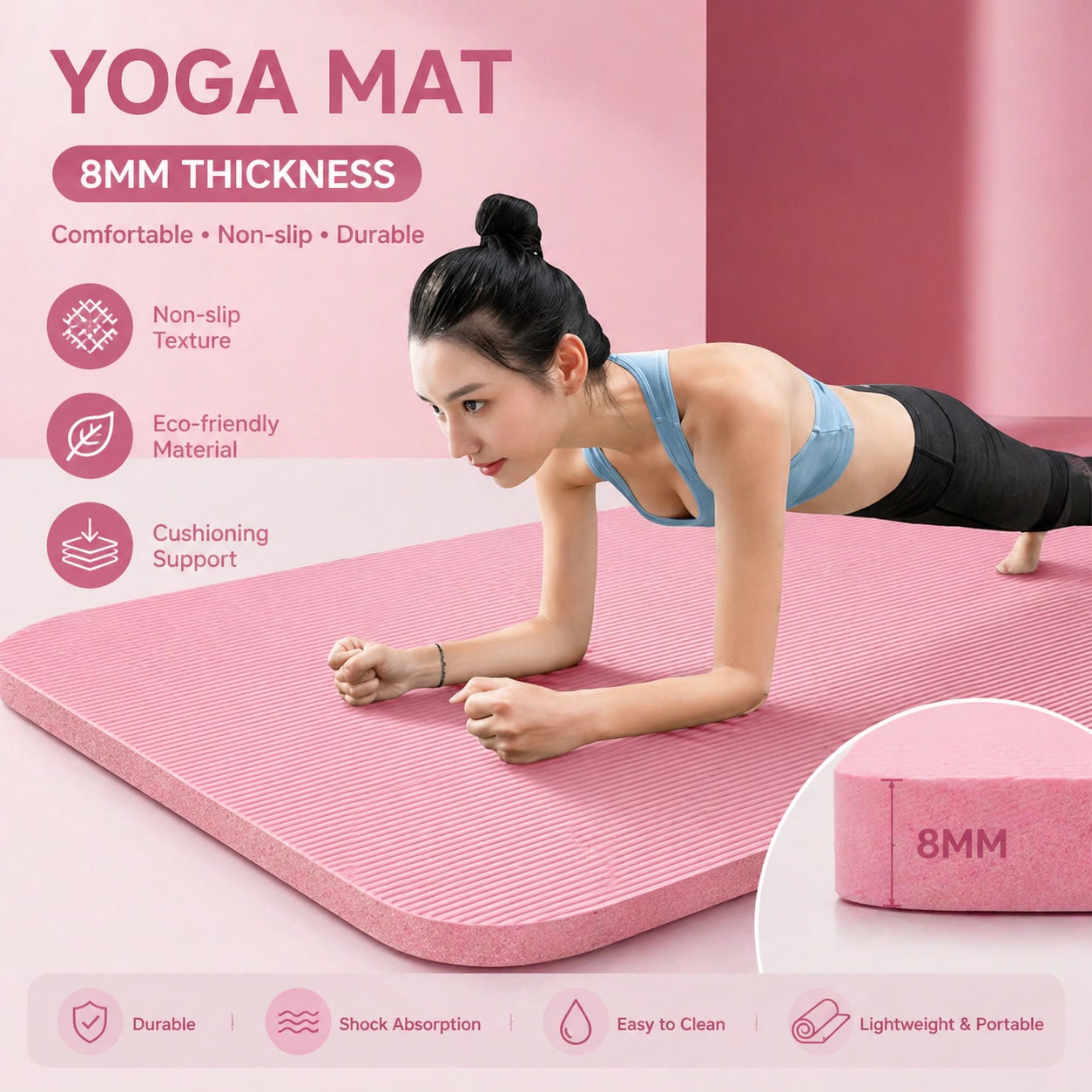 Home Gym Yoga Mat - Tappetino Yoga Antiscivolo Rosa 185*61CM, Set